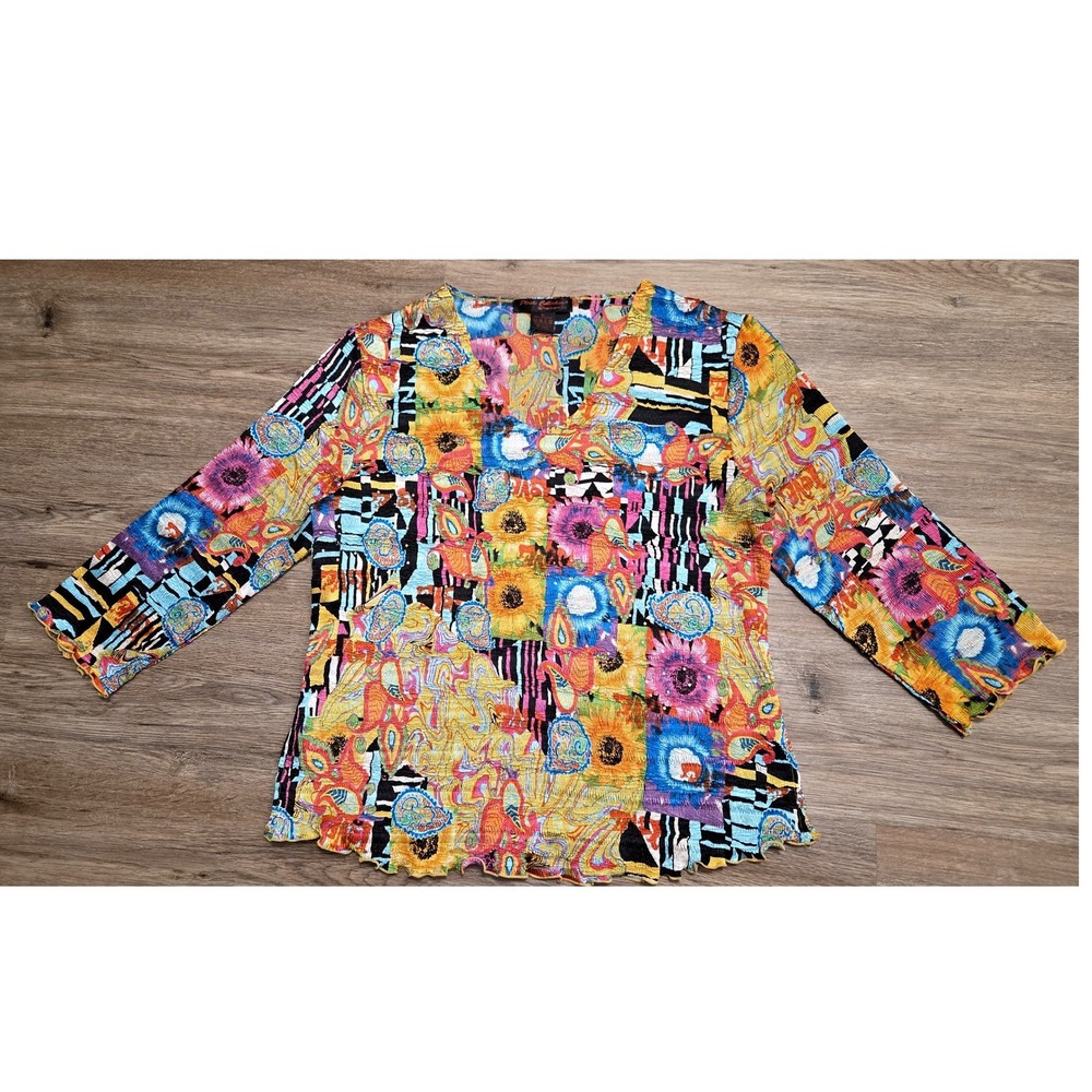 Pleats Collection Pings Imports XL Crinkle Bright Abstract Art Boho Top Shirt